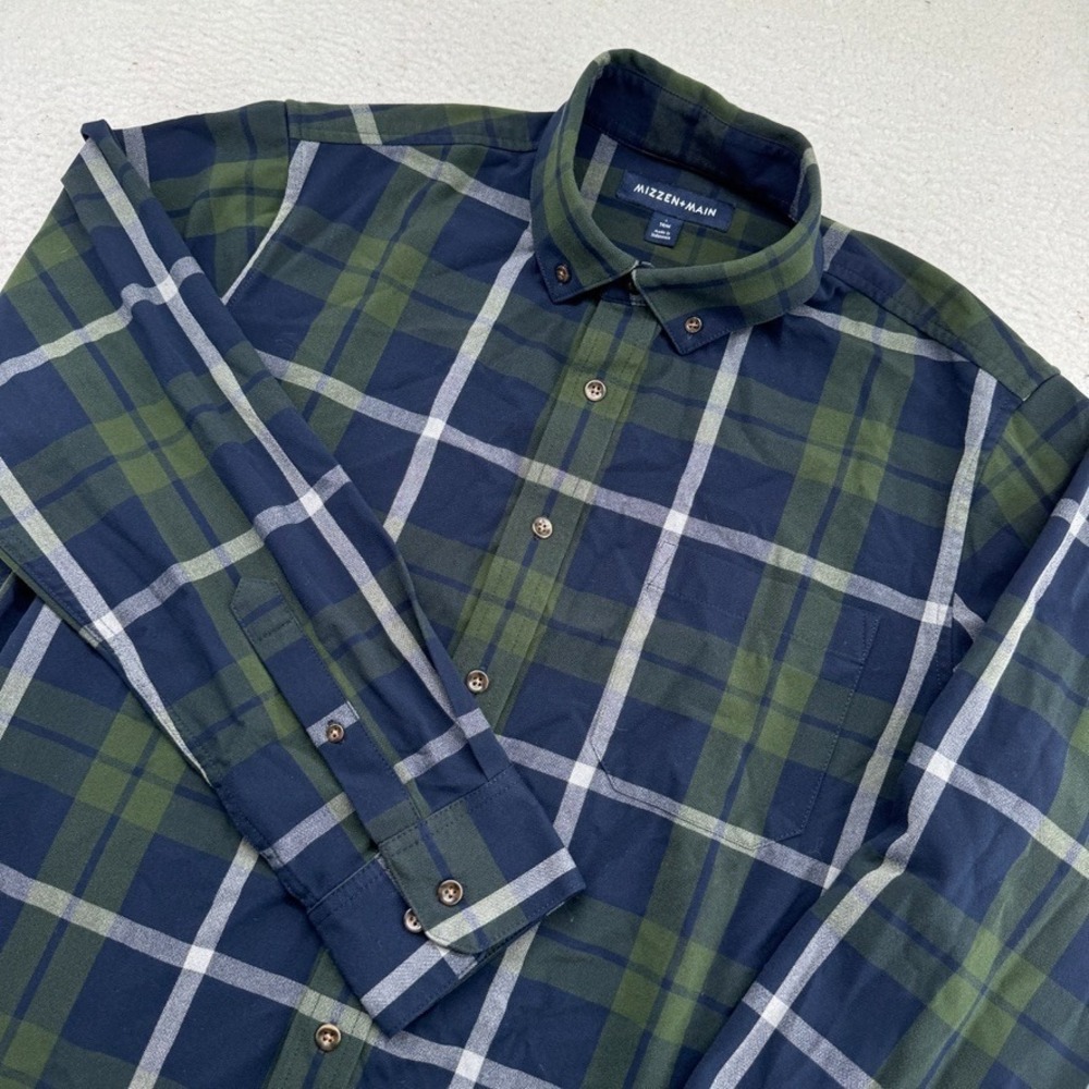 Mizzen + Main Shirt Mens Large Trim Green Blue Plaid Button Down Rayon Spandex